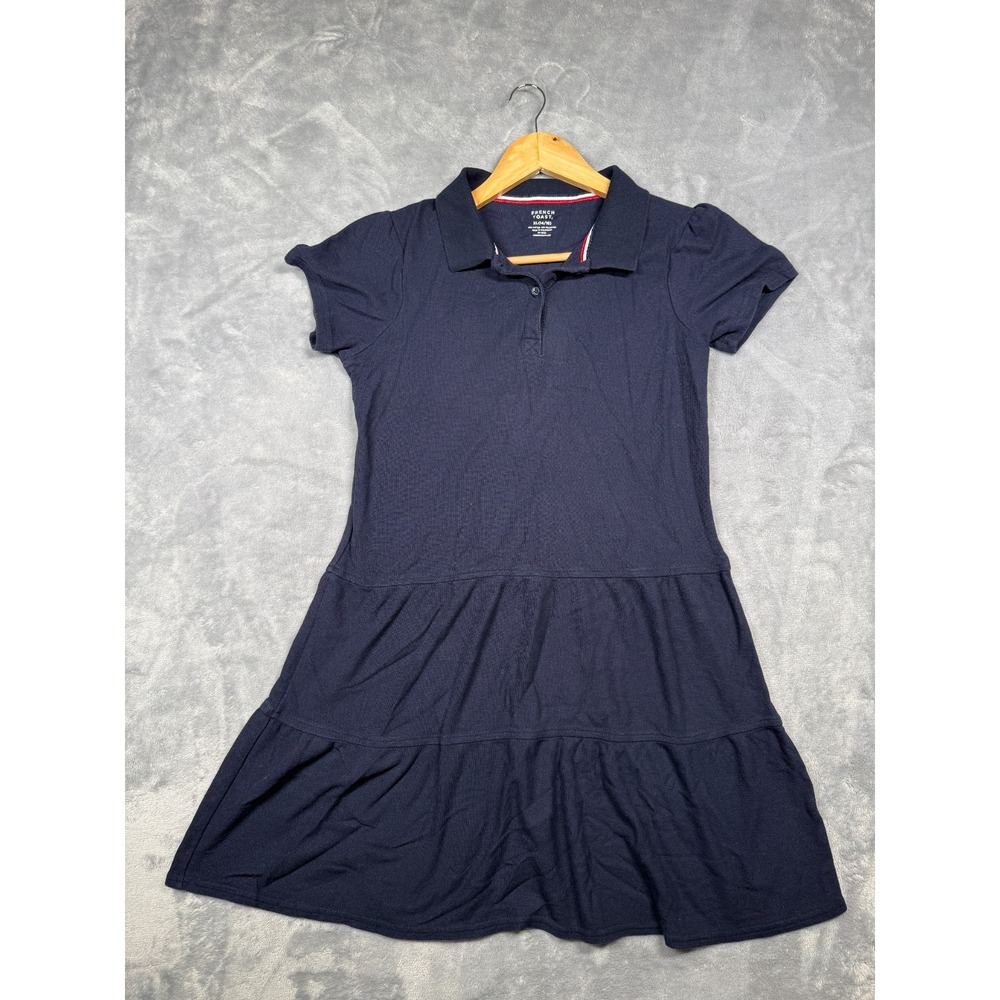 French Toast Pique Polo Dress Girls XL 14-16 Blue Cap Sleeve Ruffle Hem School